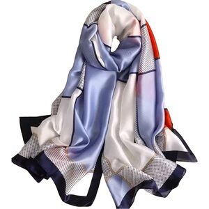Blue Colorblock Silky Satin Scarf Shawl Wrap – Oversized Lightweight